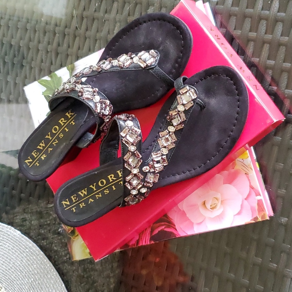 LIKE NEW, BLACK JEWELED WEDGE SANDALS